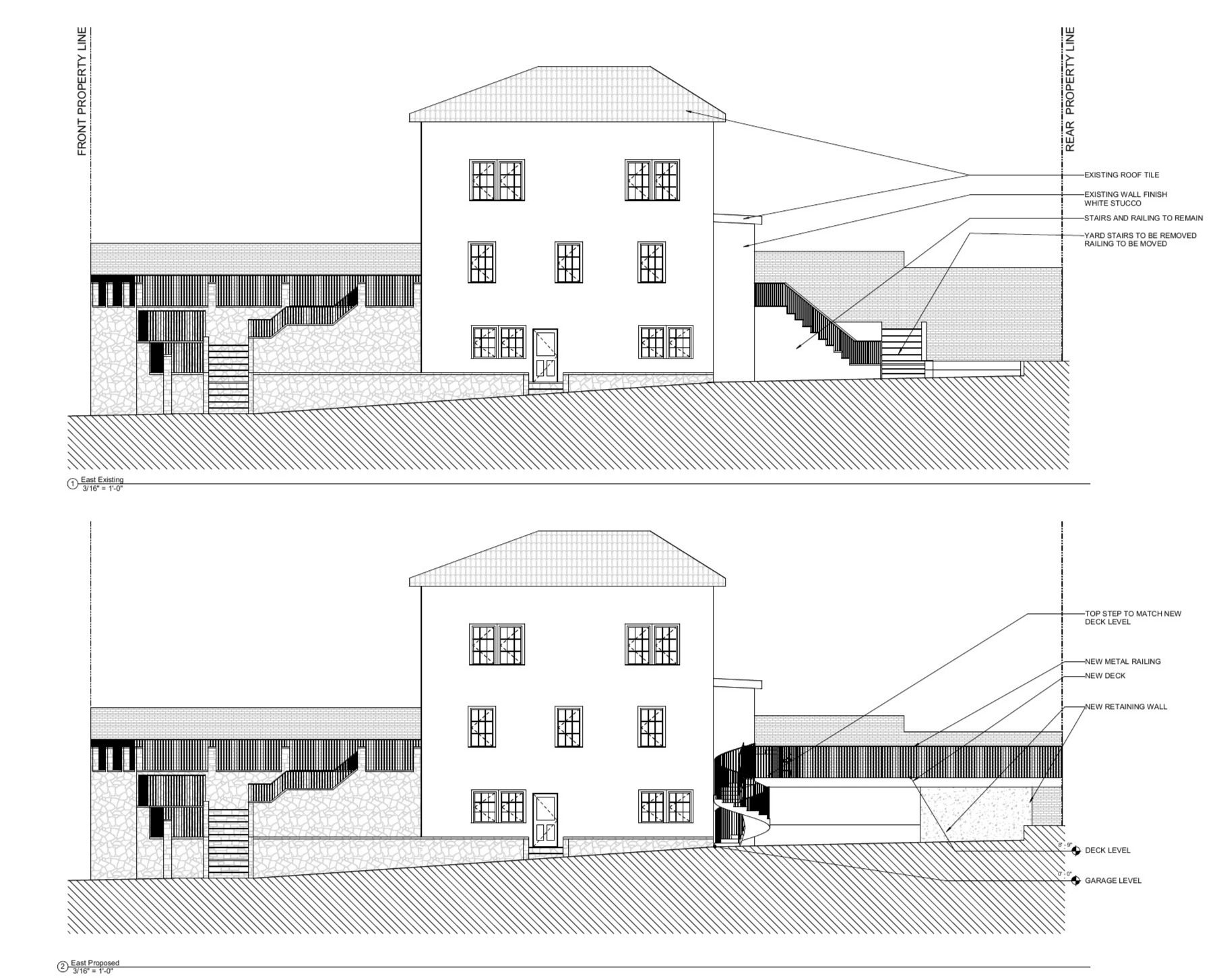 Existing and proposed east elevations: new deck, retaining w